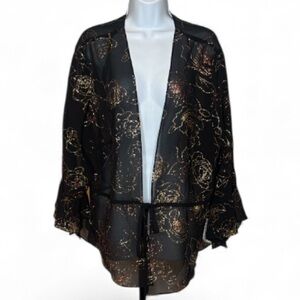 Fashion Bug - “NWT” Sheer Black Tie Front Top w/ Gold Glitter Floral - 24W